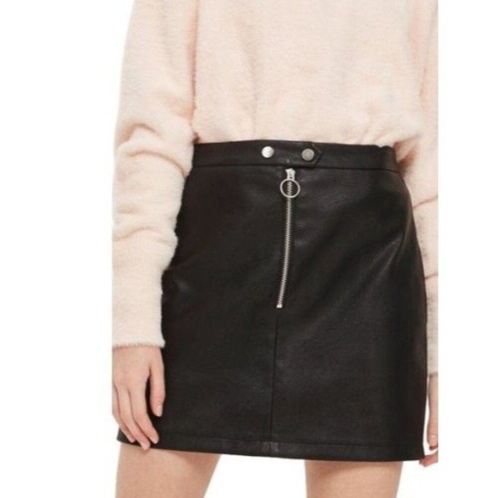 Topshop Black Faux Leather Mini Skirt With Front Zipper Detail UK 8 US 4